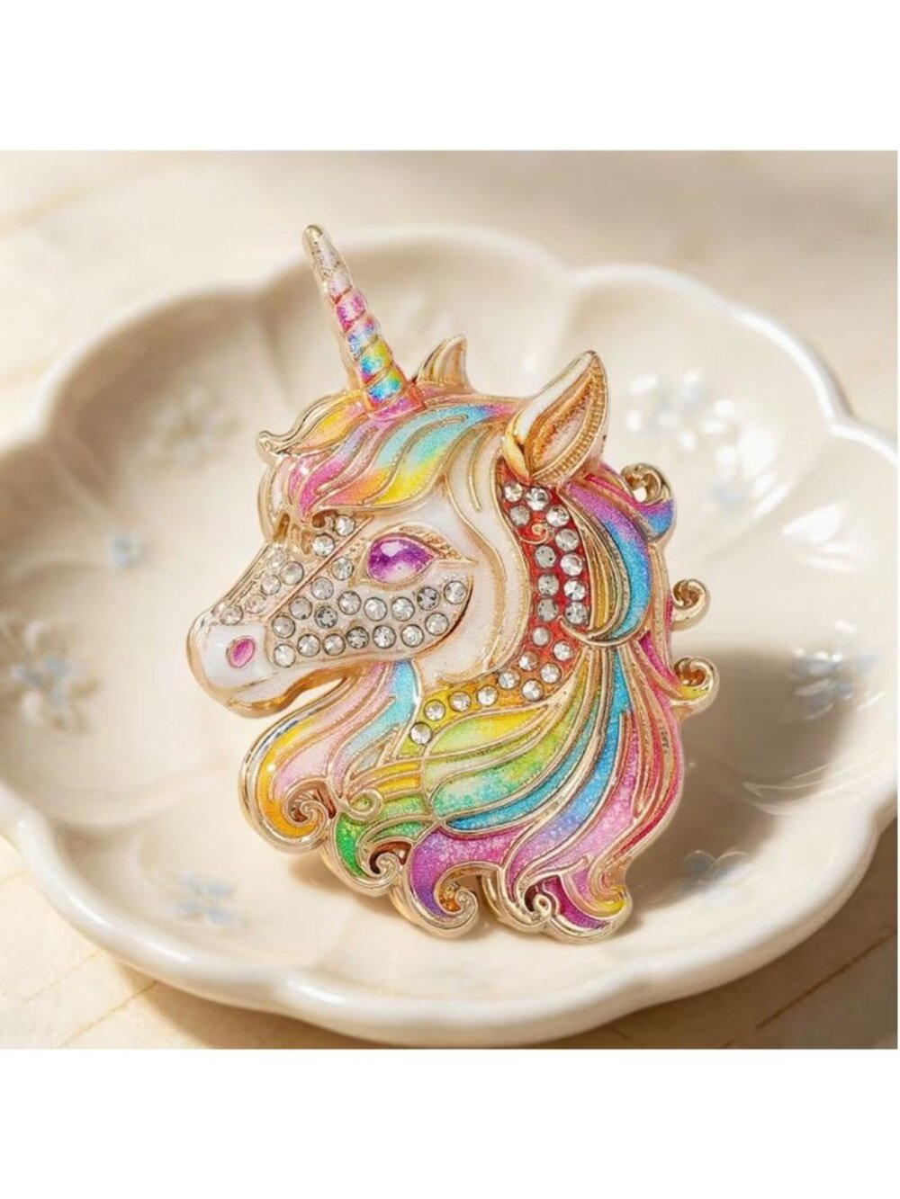 Unicorn Rhinestone Brooch Pin Enamel Rainbow Hair Gold Tone